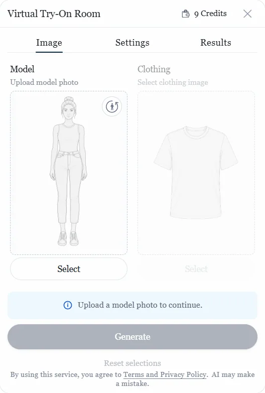 The virtual try-on widget ready for a shopper